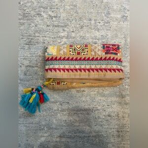 Johnny Was JWLA Bohemian Embroidered Multicolor Foldover Linen Clutch Tassels